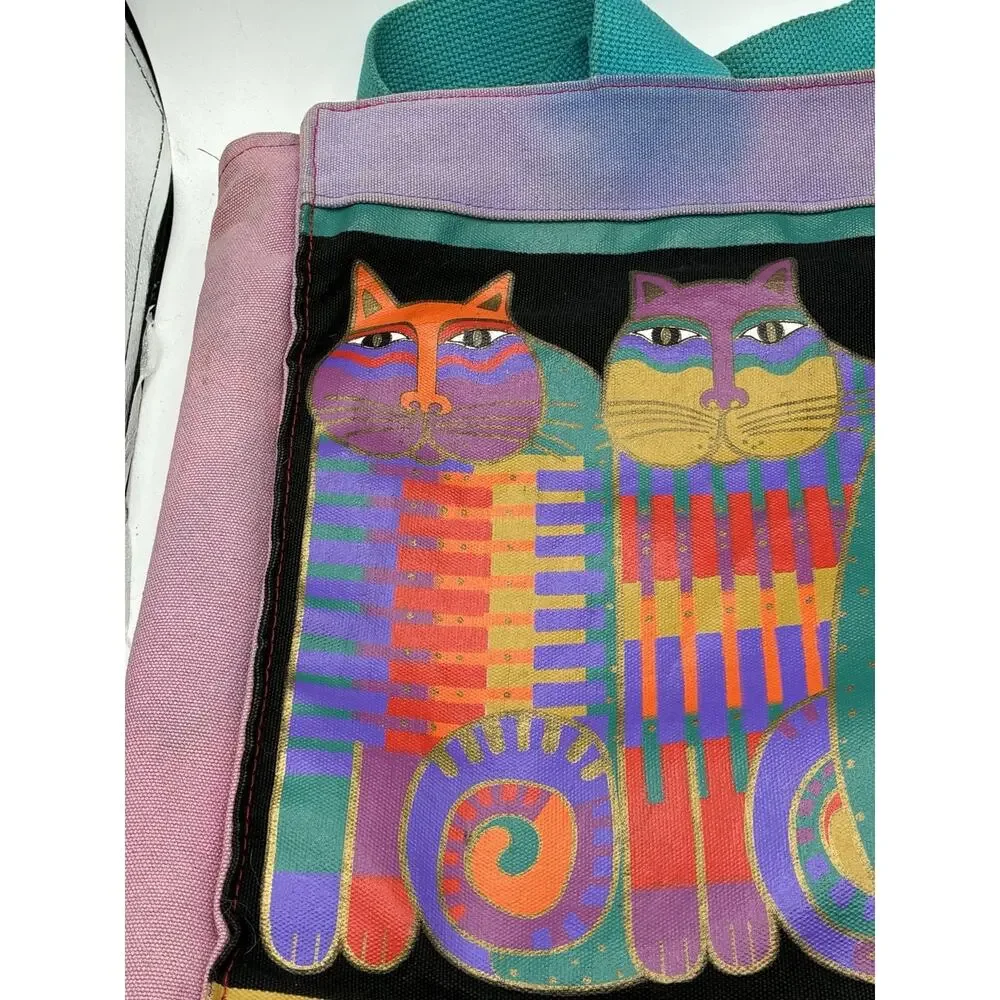 Vintage Laurel Burch Feline Cousins Canvas Tote Bag Cats As Is Heavy Wear